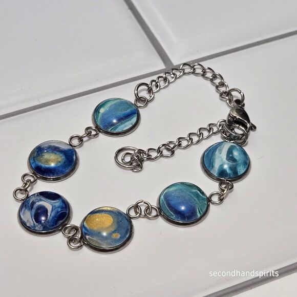Blue Green Swirled Abstract Marbled Artisan Silver Tone Cabochon Bracelet/Anklet - Picture 2 of 6